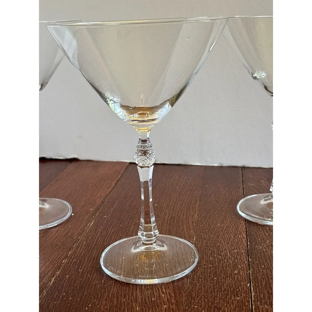 Set of 3 Vintage Clear Martini Glasses Faceted Stem Diamond Cut Detail 7.25in
